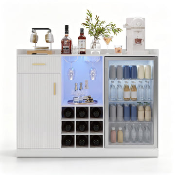 Coffee Bar Cabinet with Fridge Space, Fluted Wine Cabinet with Glass Holder