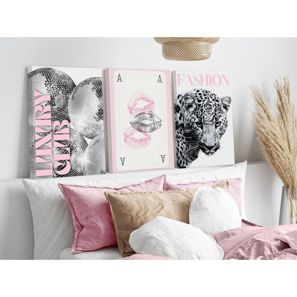 Pink Leopard Trendy Wall Art Cheetah Black White Canvas Wall Decor Fashion Preppy Posters Aesthetic Disco Ball