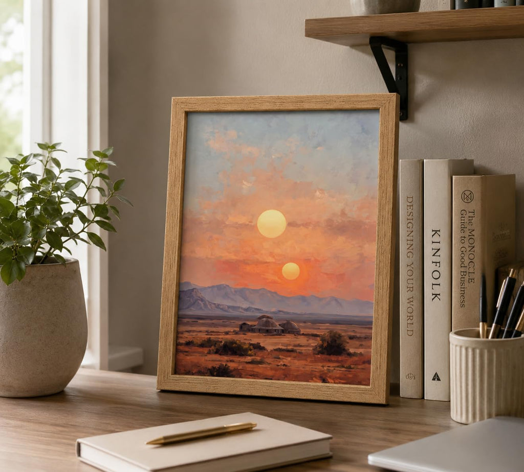 Framed Dual Sun Desert Sunset Western Landscape Canvas Wall Art