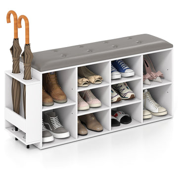 Shoe Storage Bench with Umbrella Stand, 10-Cube Entryway Bench with Adjustable Shelf & Padded Cushion, Cubby Shoe