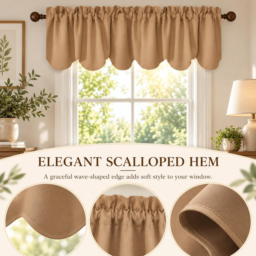 Valances Bedroom Windows Set of 2, Rod Pocket Scalloped Window Treatment Decorative Curtains Valences 18" L x 52" W