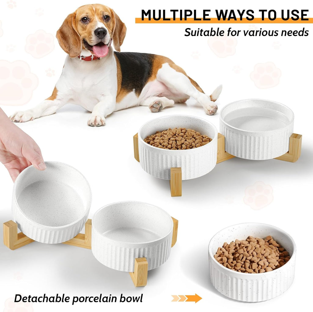 Non-Slip Ceramic Dog Bowls with Wood Stand, 6" Dog Food and Water Bowl Set with Silicone Base, 32 OZ/4 Cups Weighted