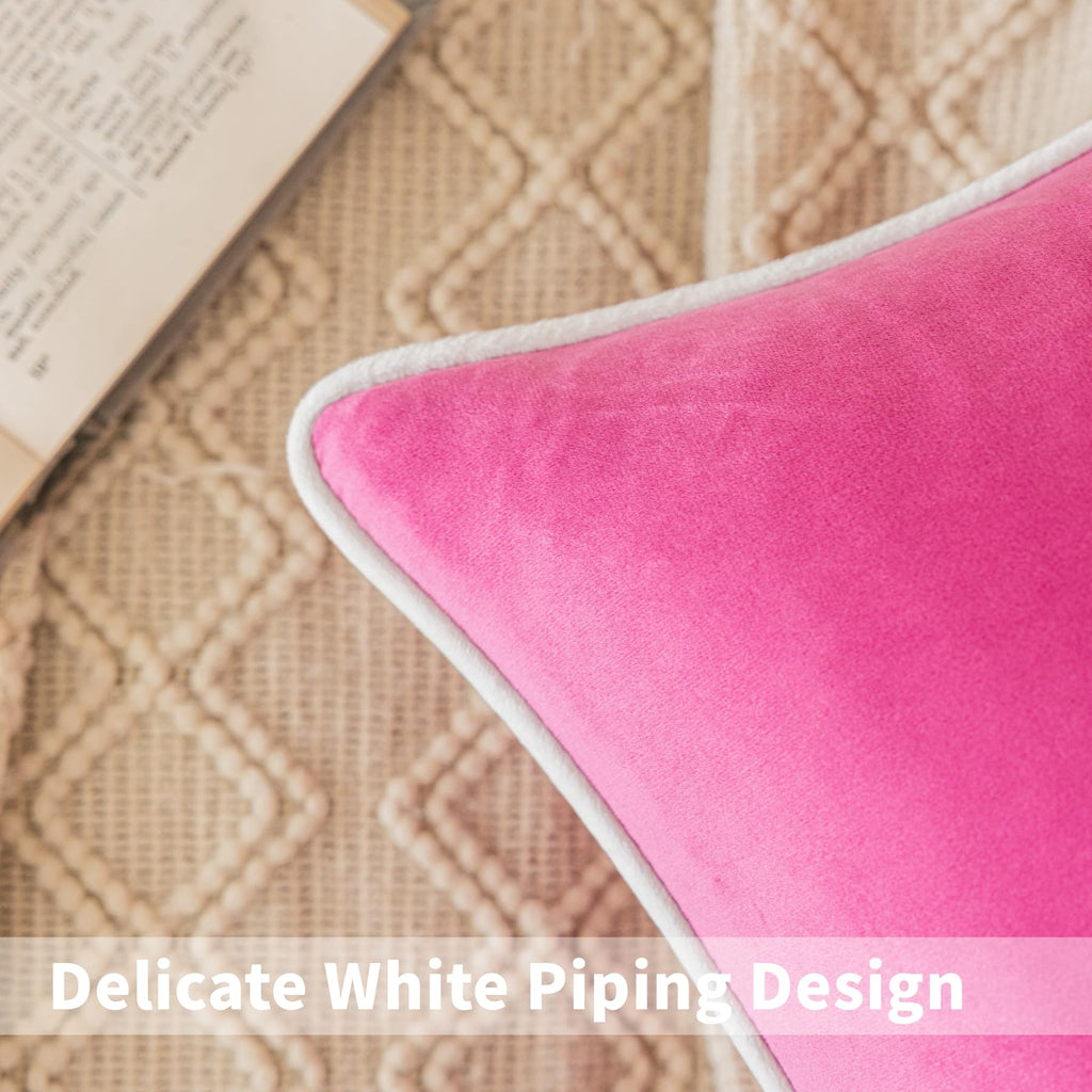 Set of 2 Hot Pink and White Velvet Throw Pillow Covers Modern Minimalist Style Solid Decorative White Rope Edging