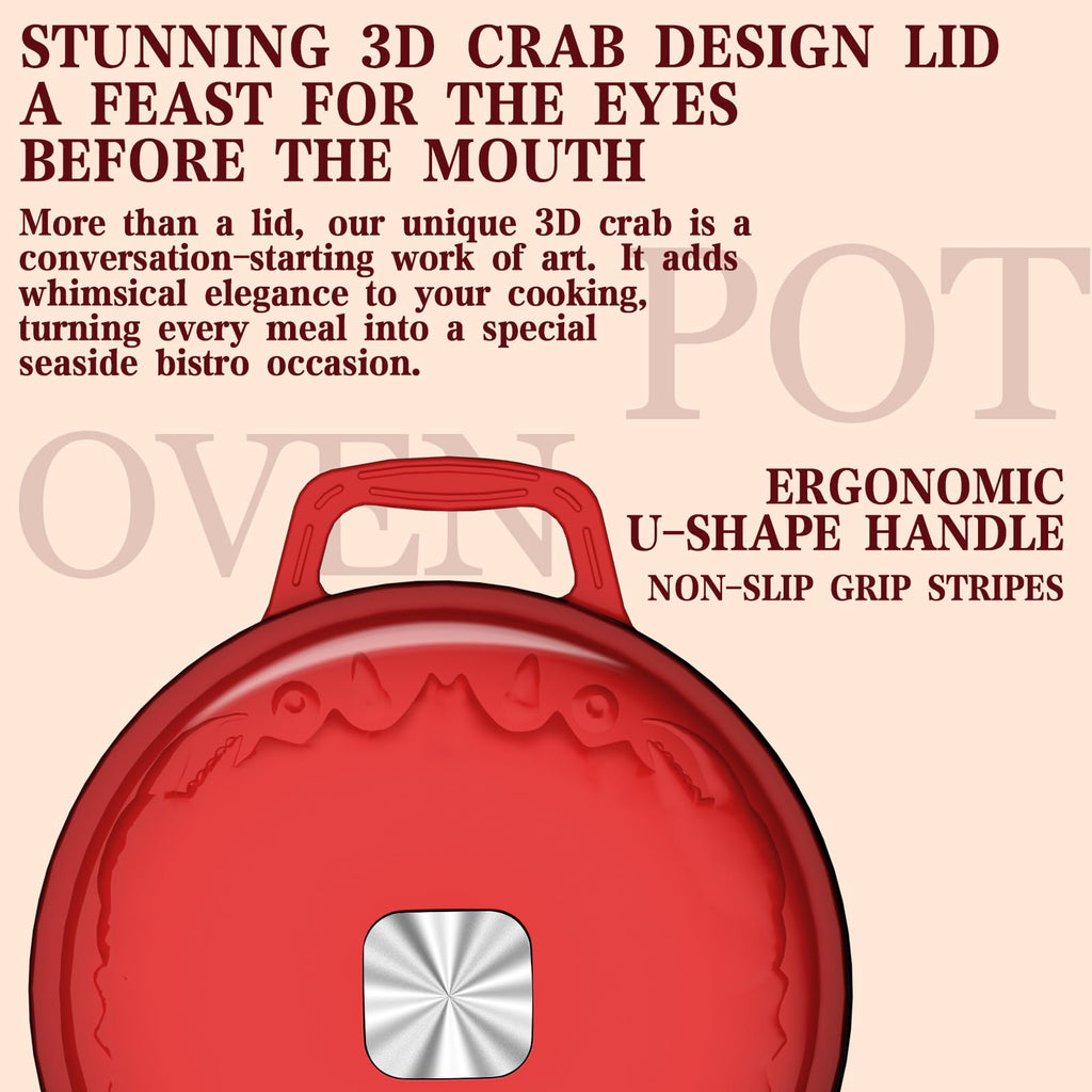Enameled Cast Iron Dutch Oven - 5 Quart, Crab Lid (Patented), Oversized Knob, for Bread Baking Braiser, Cooking Stock