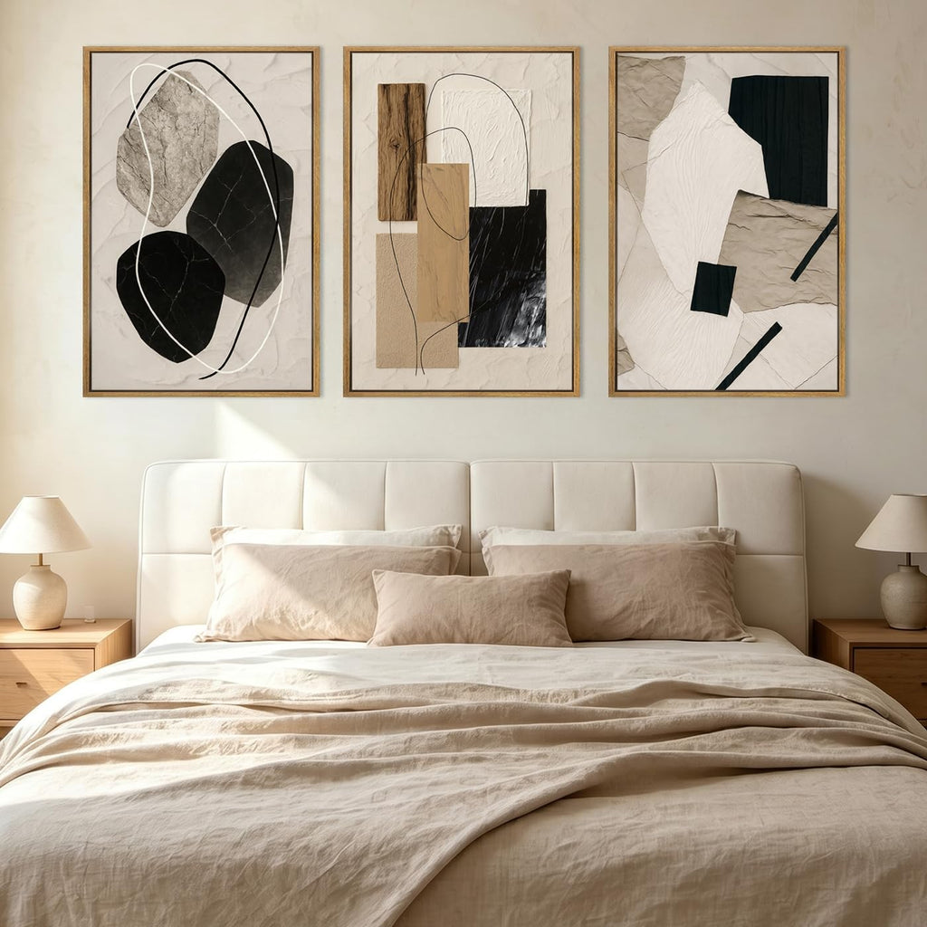 Large Abstract Paintings Framed Neutral Canvas Prints Mid Century Modern Wall Art Bedroom Bathroom 36x24 Inch 3 Piece