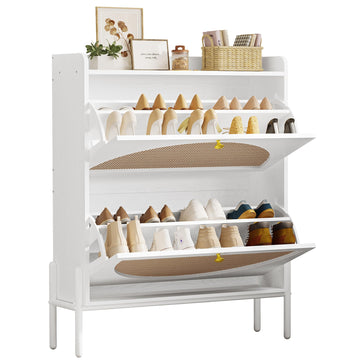 Rattan Shoe Cabinet Storage with 2 Flip Drawers, White