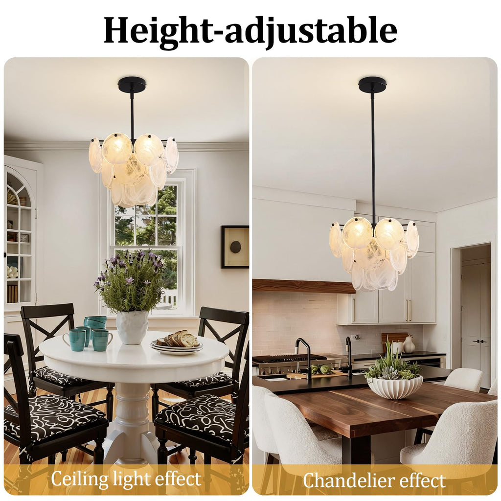 Black Glass Pendant Light, 13.78" Modern Crystal Chandelier Kitchen Island, 4-Light Round Adjustable Height Ceiling