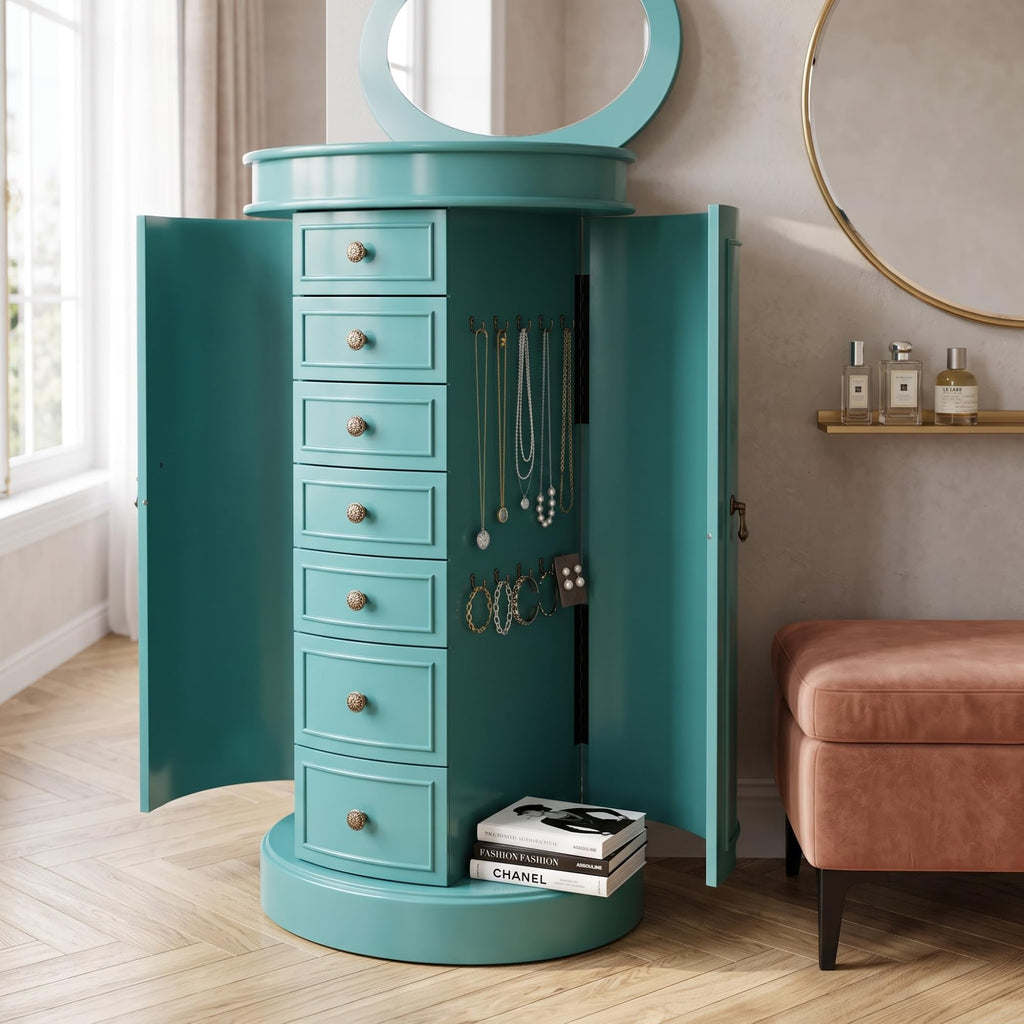 Bailey Oval Standing Jewelry Armoire Cabinet, Jewelry Storage Organizer with Mirror Lid, Side Doors, 7 Drawers