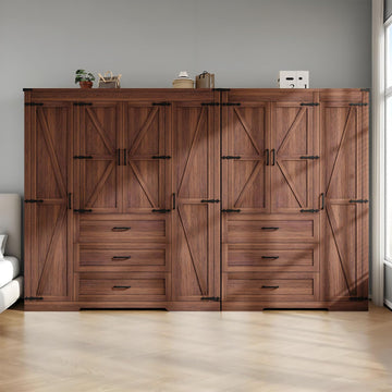 70" Tall Wardrobe Closet with 7 Doors & 6 Drawers, Farmhouse Armoire with Hanging Rod, Wooden Armoire Wardrobe Closet