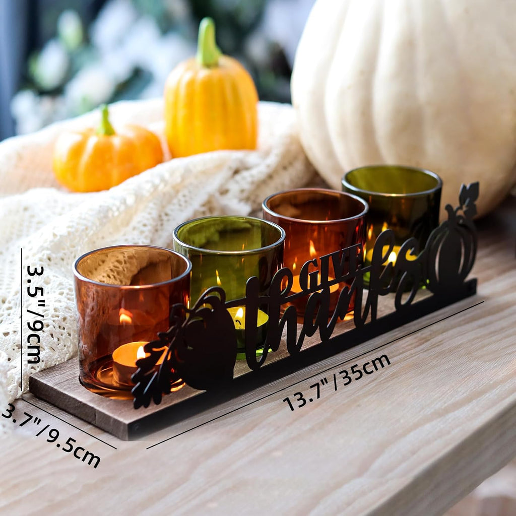Thanksgiving Centerpieces Glass Tealight Votive Candle Holder Include 1 Candle Tray & 4 Candle Holders Fall - Set of 5