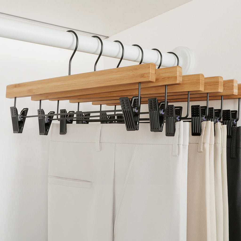 Pants Hangers 20 Pack, Bamboo Clothes Hangers with Black Clips and Rotatable Hook, Durable Natural Wooden Hangers for