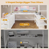 Loft Bed Full with U-Shaped Desk, 6 Storage Drawers, Power Outlet, LED Metal Loft Bed with 2 Storage Shelves