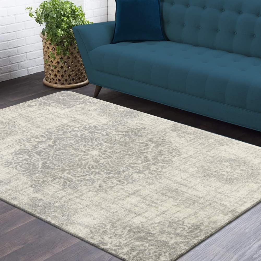 Vintage Medallion Rug - Washable Soft Rug Non Slip Living Room Carpet Distressed Ultra-Thin Area Gray Accent
