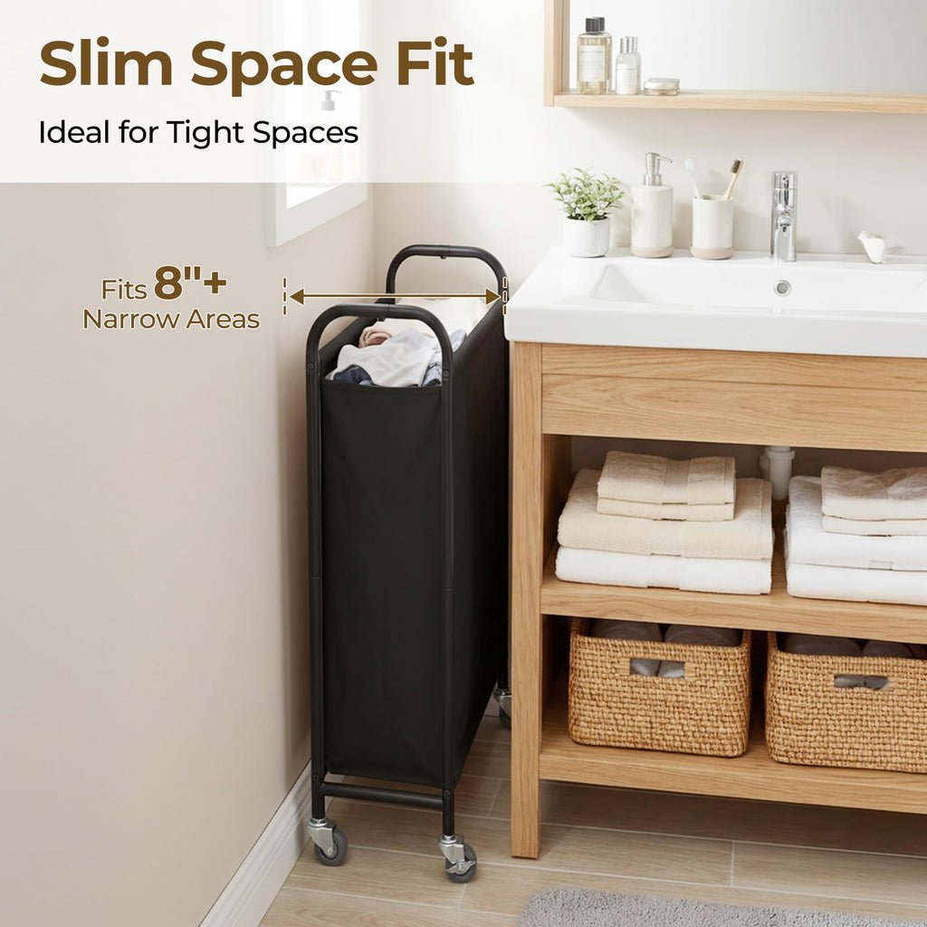 Laundry Hamper, Slim Basket with Wheels and Handles, Black, 80L