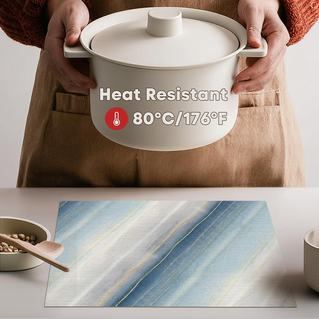 Boho Gradient Dusty Blue Vinyl Placemats, Heat Resistant Woven Plastic PVC Place Mats for Farmhouse Party - Set of 4