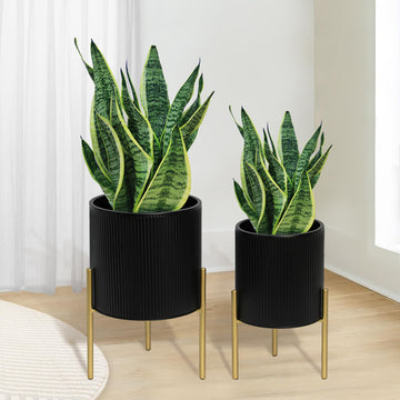 Modern Planter Pots, Set of 2 Round Large Planters with Stand, Decorative Planters, Metal Pots with Drainage Holes