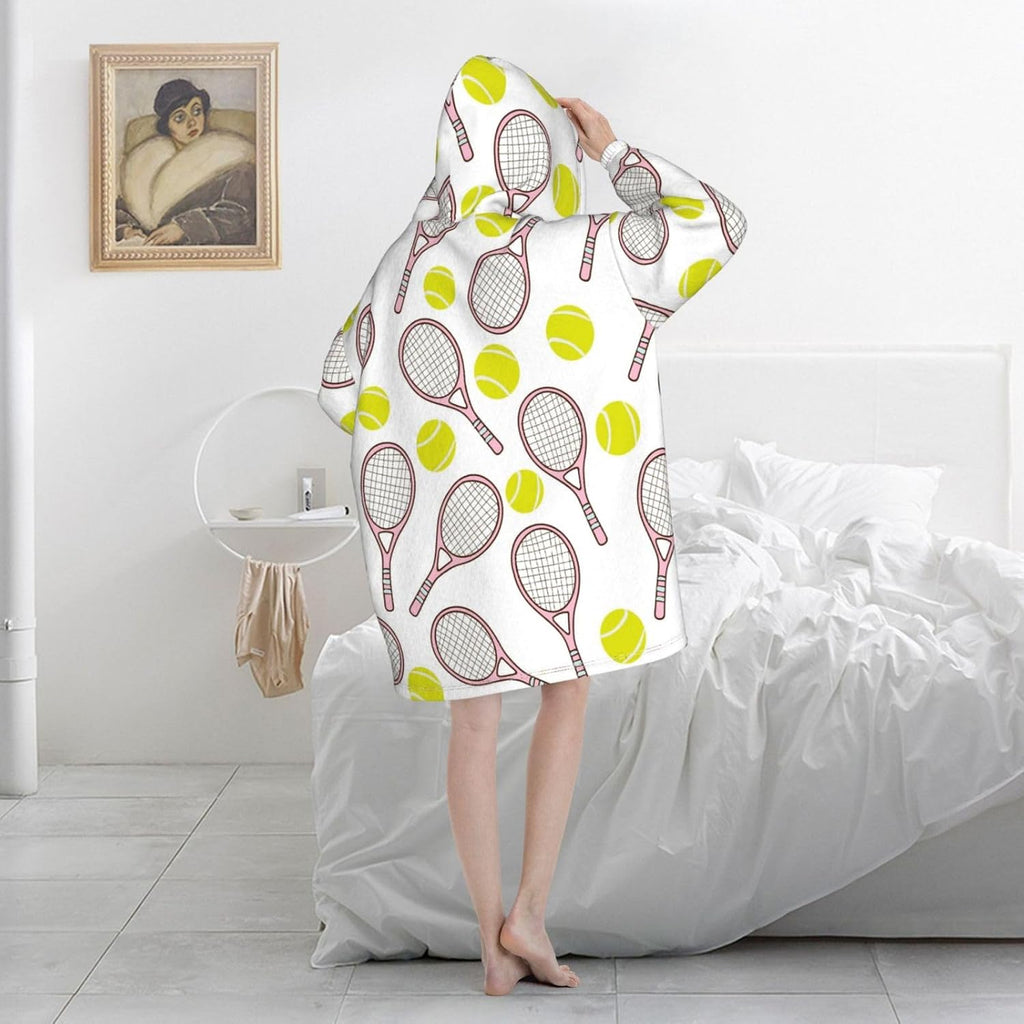 Sports Seamless Pattern With Tennis Ball And Racket Icons In Flat Design Style Adult Flannel Hooded Blanket