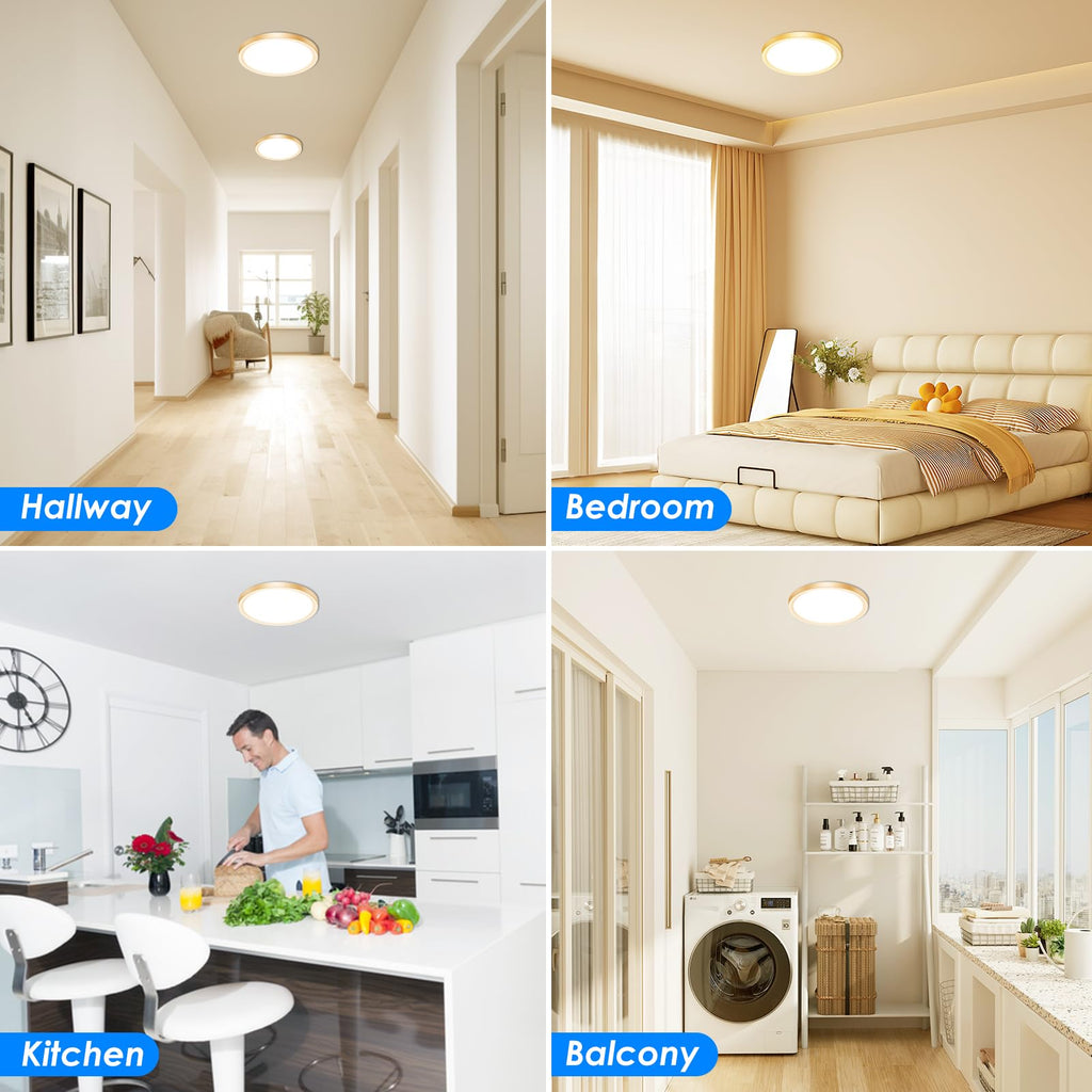 12 Inch LED Ceiling Light Gold, 24W Slim Flush Mount Ceiling Light 3000K/4000K/6500K Adjustable, Modern Round Ceiling