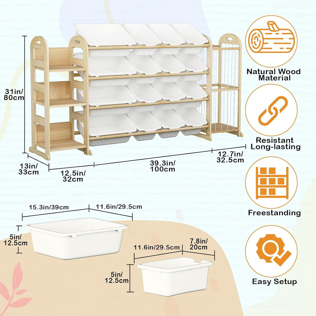 Large Toy Storage Organizer with 16 Bins, 3-Shelf Bookshelf, White | Toy Organizers with Stuffed Animal Storage