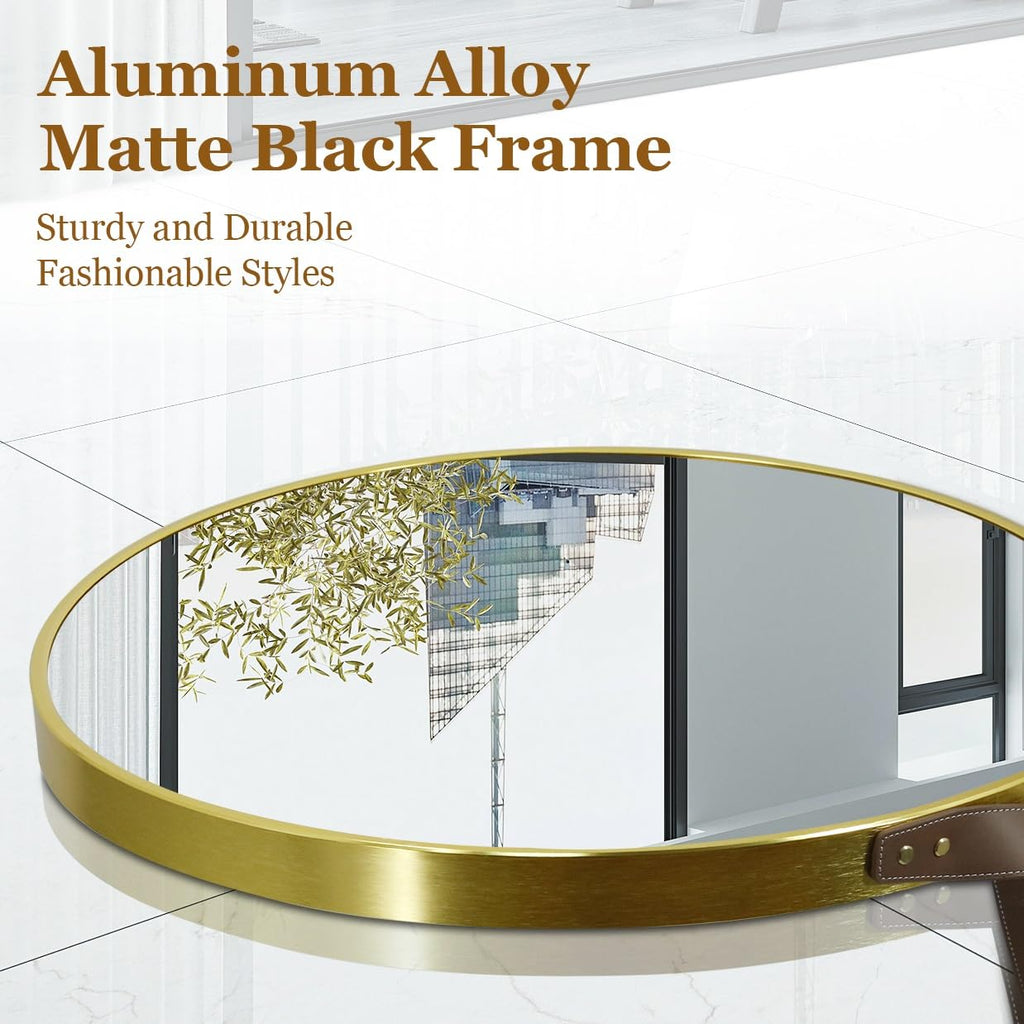 Hanging Strap Wall Mirror: 31.5in Round Bathroom Mirror Gold Frame