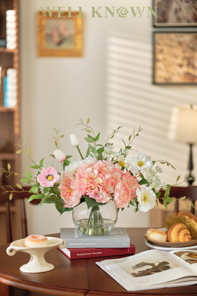 Artificial Flowers in Vase, Fake Silk Peony Tulip Hydrangea Pink & White Flower Bouquet Arrangement with Faux Water