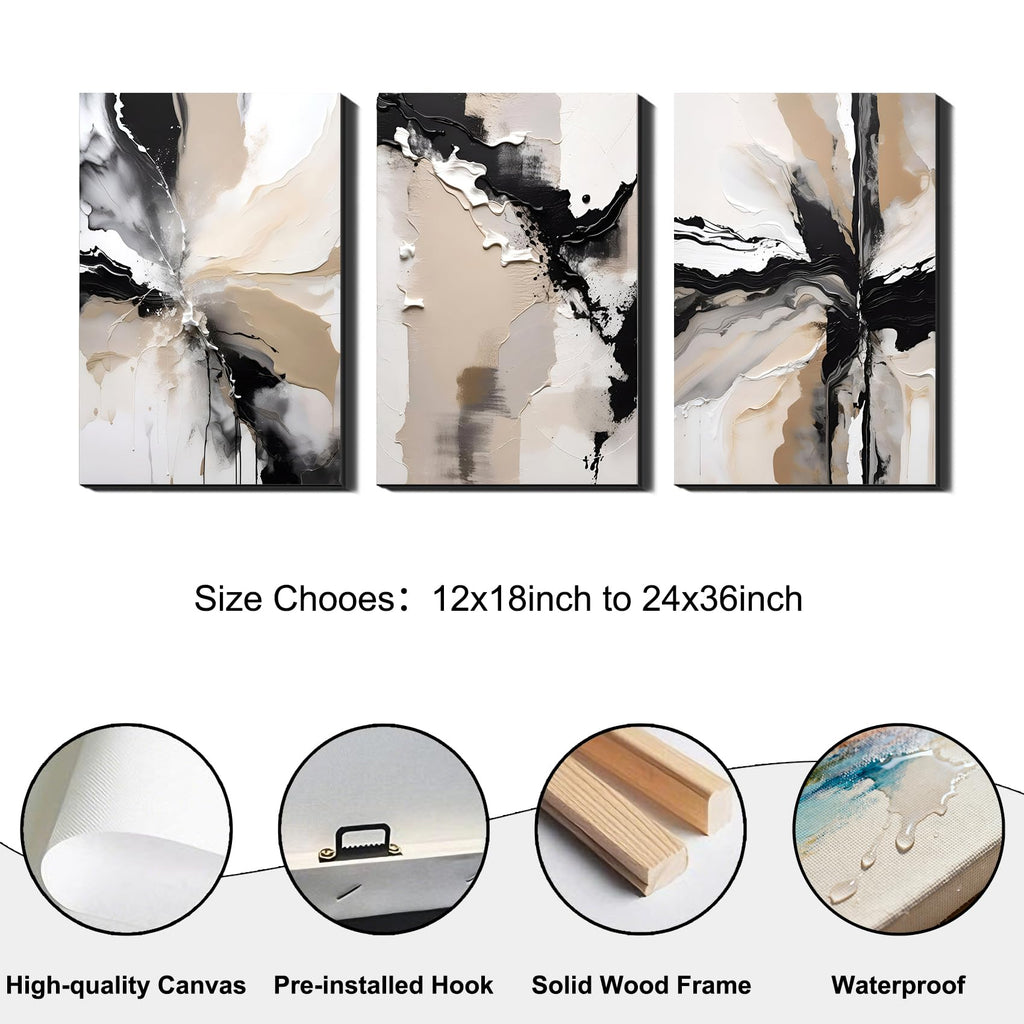 Large Canvas Wall Art Office, 3 Piece Black Beige Abstract Canvas Prints Pictures, Neutral Modern Paintings, Extra