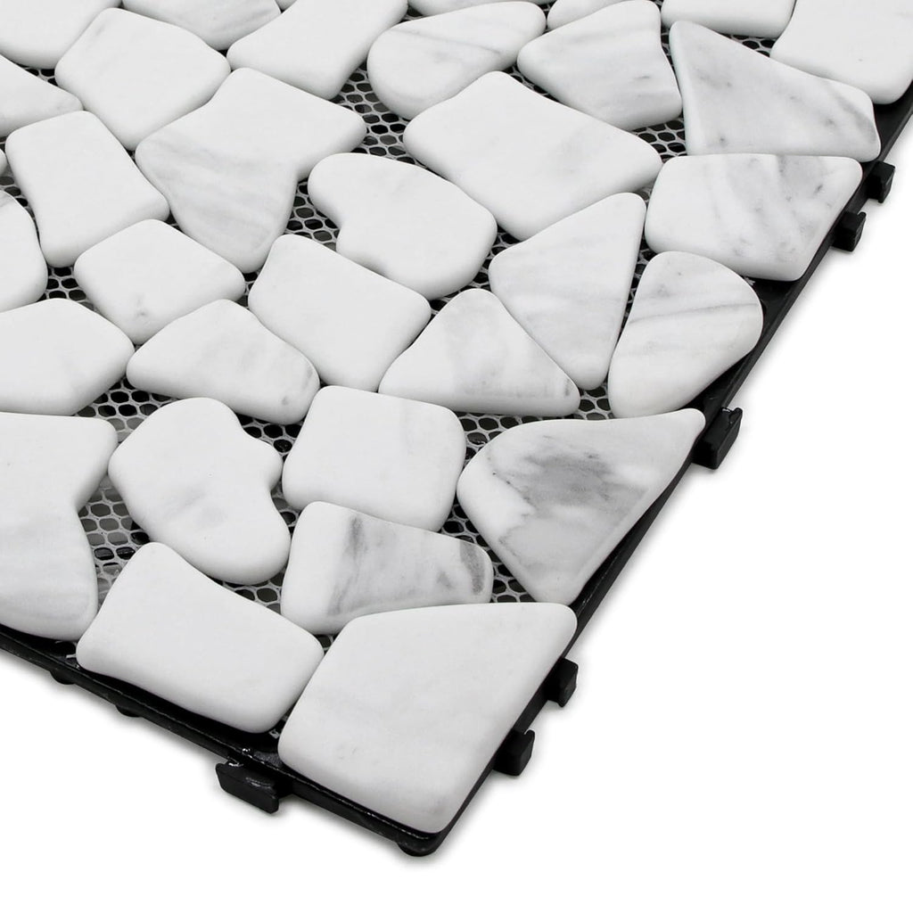 4PCS Natural Pebble Interlocking Deck Tiles, 12" x 12" Recycled Glass Marble Looks Waterproof Patio Deck, Outdoor &