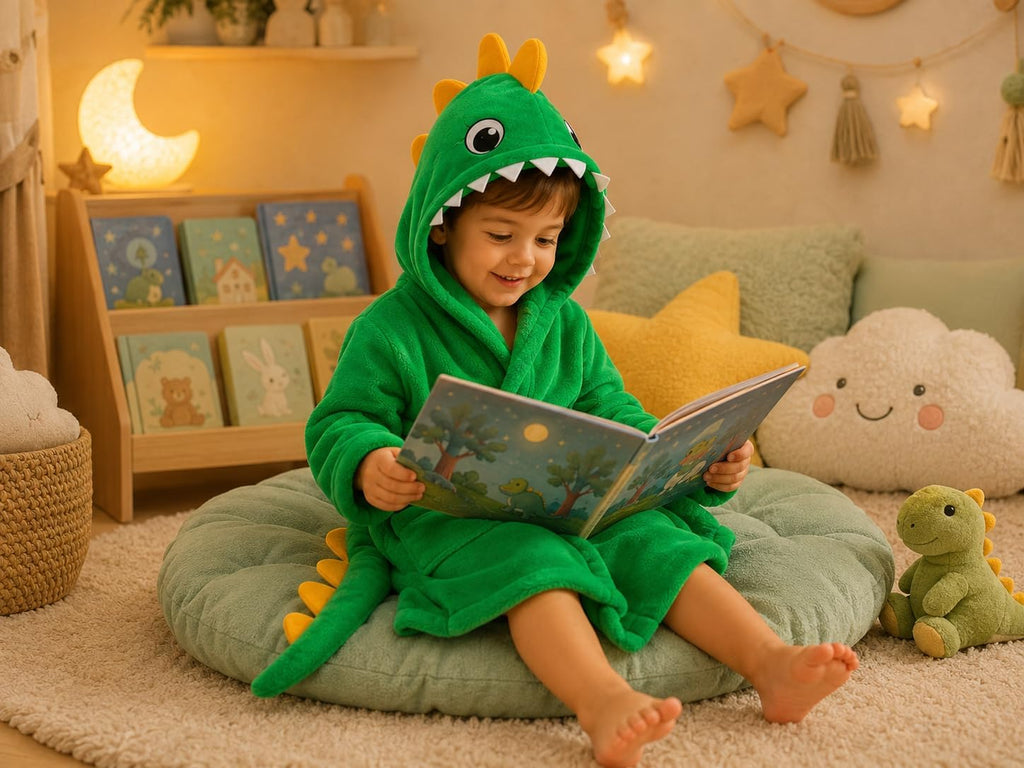 Toddler Dinosaur Lamb Hooded Bathrobe - Soft Flannel Robe with Tail, Belt & Pockets, Cozy Robe for Kids