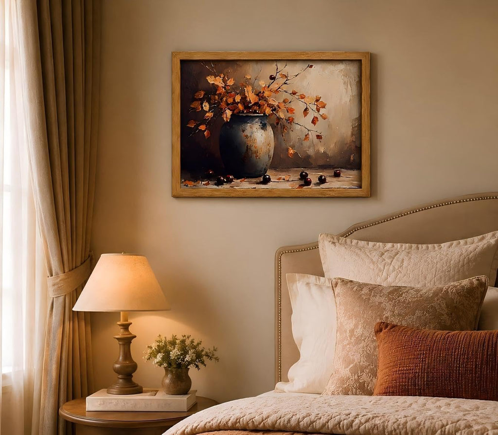 Framed Vintage Autumn Leaf Vase Wall Art, Rustic Still Life Painting Picture Wall Decor, Fall Thanksgiving Botanical