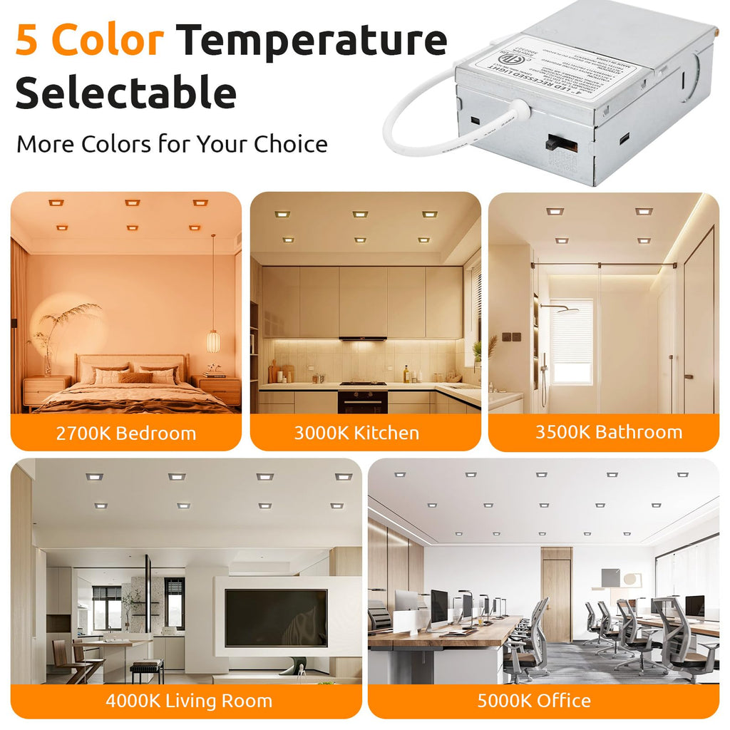 4 Inch Square LED Recessed Lighting 6 Pack, 5CCT, 9W, Dimmable