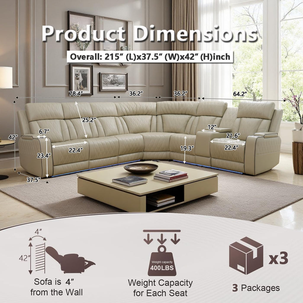 Living Room Furniture Sets, Power Recliner Sectional Sofa with LED Light, Leather Reclining Sectional Couches Set