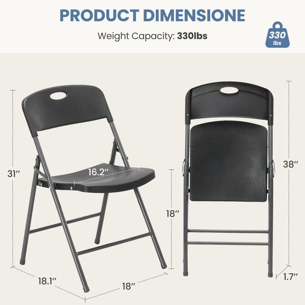 10 Pack Black Folding Chairs, Plastic Portable Stackable Dining Chairs with Metal Frame, for Indoor Outdoor