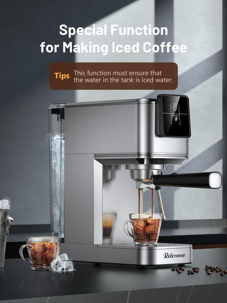 Espresso Machine, 20 Bar Espresso Maker Milk Frother & LCD Panel, Hot & Iced with Rapid Cold Brew, Stainless Steel