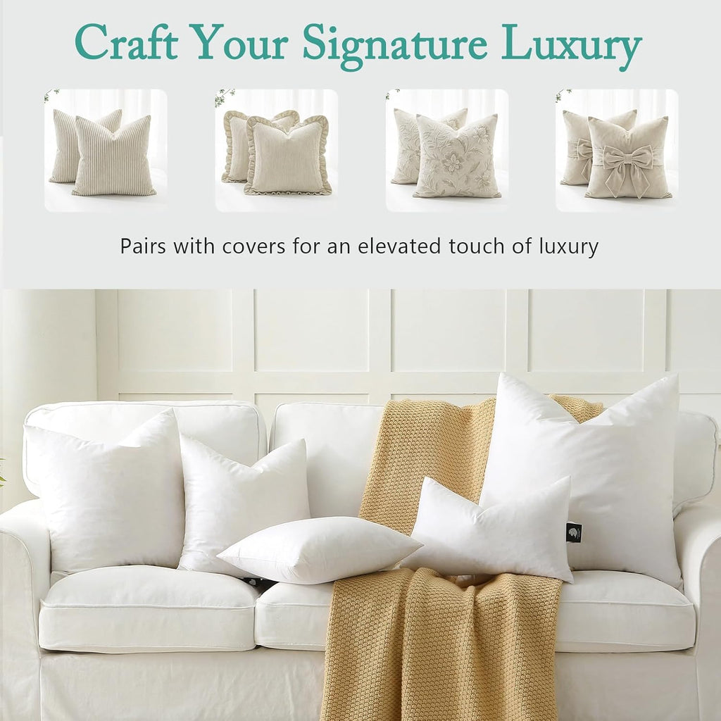 Luxury Feather Down 22x22 Pillow Inserts, Soft Fluffy Throw Pillow Inserts, 100% Organic Cotton Cover - Set of 2