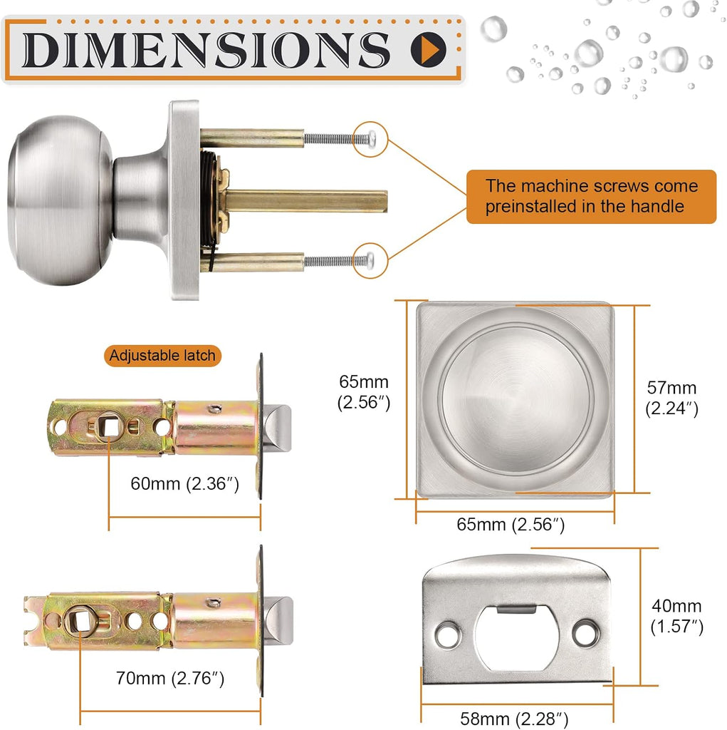 Square Doorknobs Passage Door Knobs Handles, Closet Door Knob, Brushed Nickel Interior Door Knob Storeroom, Stainless