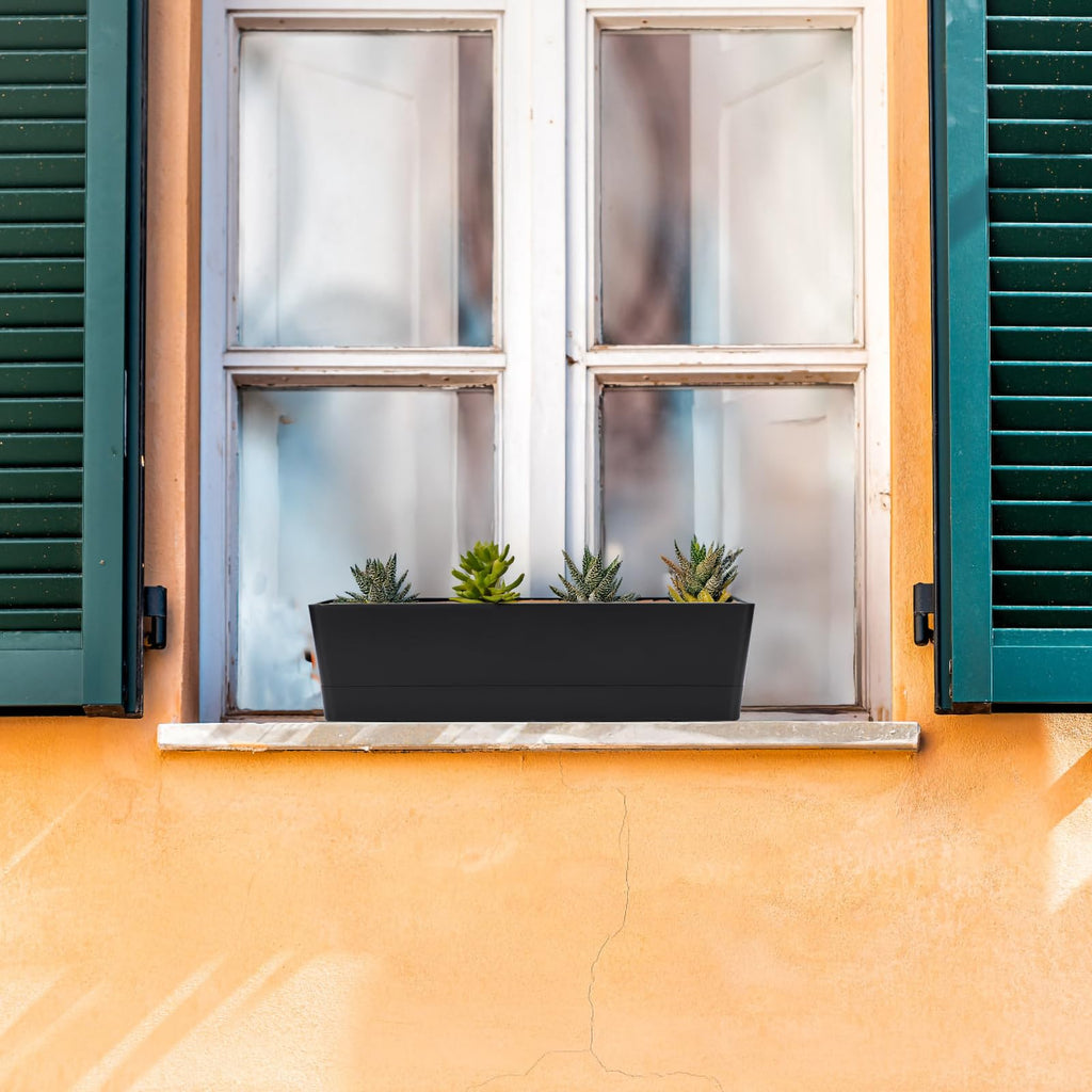 3PCS 16x3.8 Inch Window Boxes Planters, Black Rectangle Planters Box with Drainage Holes and Trays, Herb Succulents