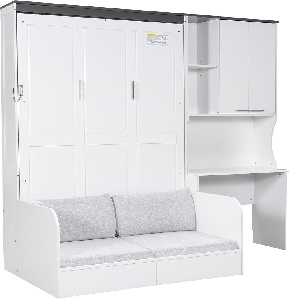 Queen Wood Murphy Bed with Upholstered Sofa & Desk, Multifunctional Foldable Wall Platform Bed for Guest-Room