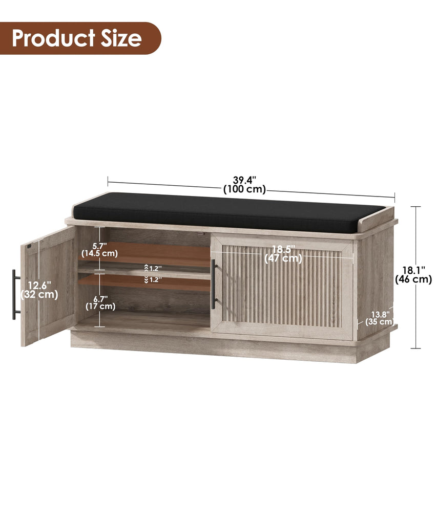 39.4" Fluted Shoe Storage Bench 2 Doors Wooden Entryway Bench Grey