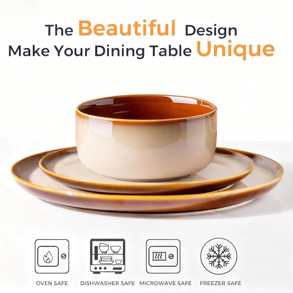 Ceramic Dinnerware Sets for 4,12-Piece Plates and Bowls,Handmade Reactive Glaze Dishes Set,Chip Resistant and Scratch