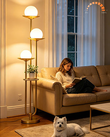 3-Light Globe Floor Lamp with Shelf Modern Dimmable Floor Lamps for Reading, 3000K Warm White Bulbs Included, Gold