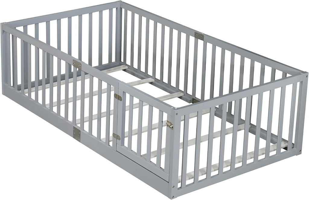 Floor Bed with Slats and Door, Montessori Floor Bed with Rails, Easy Assemble Montessori Beds