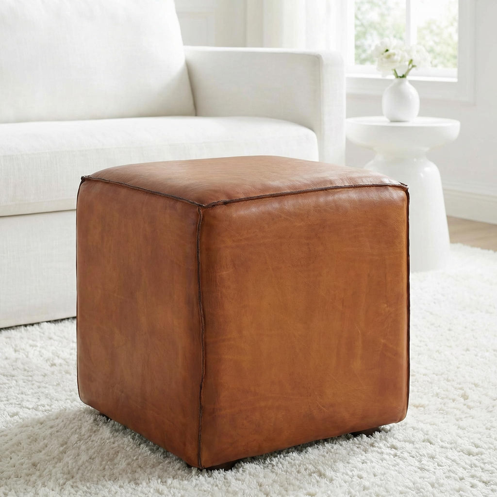 Sands Genuine Leather Cube Ottoman, Saddle Brown