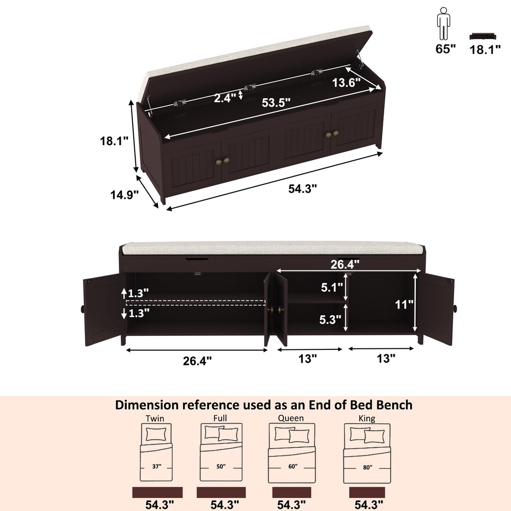 54.4" Shoe Bench with Lift Top Storage, Entryway Bench with Cushioned Seat, Wooden End of Bed Bench, Shoe Cabinet