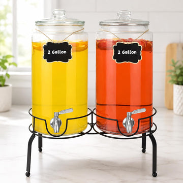 Gallon Beverage Dispenser 2 Pack, Stainless Steel Spigot Drink Dispenser for Parties with Stand, Clear Glass Drink - Set of 2