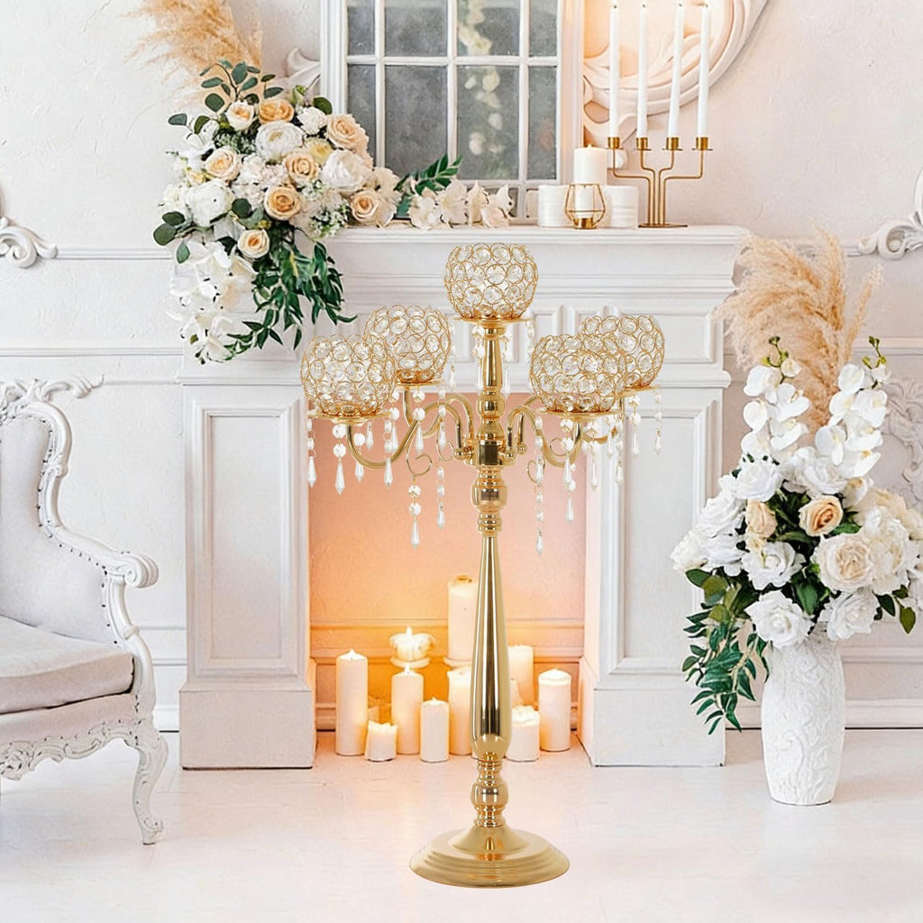 4 Packs 5 Arms Crystal Candelabra, Gold Floor Candle Holder Set with Chandelier Crystal Beaded Anniversary Dinner