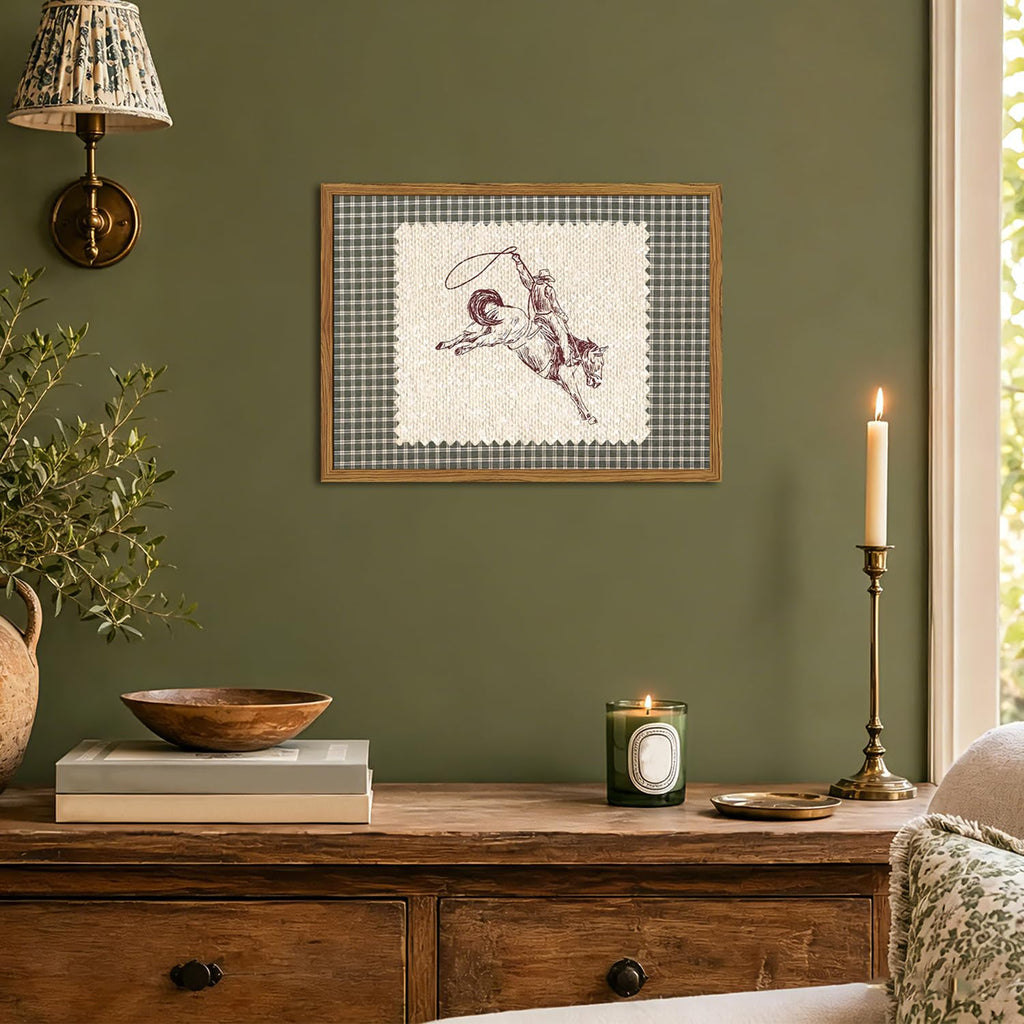 Framed Vintage Western Cowboy Wall Art, Southwestern Horse Rodeo Pictures Wall Decor, Mid Century Modern Green