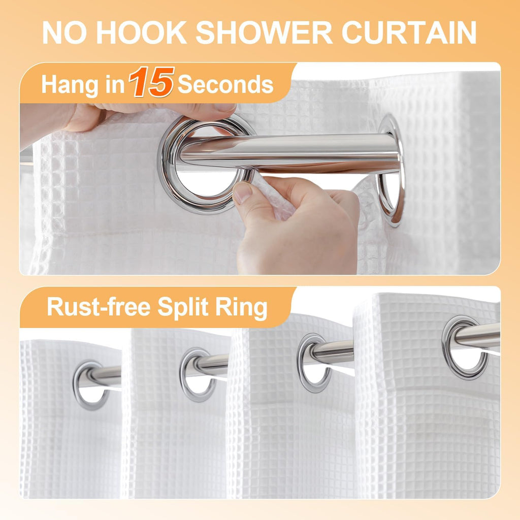 Cotton Blend No Hook Shower Curtain with Liner, White, 71Wx74L | with Snap in Liner, Heavyweight Waffle Fabric, Hotel