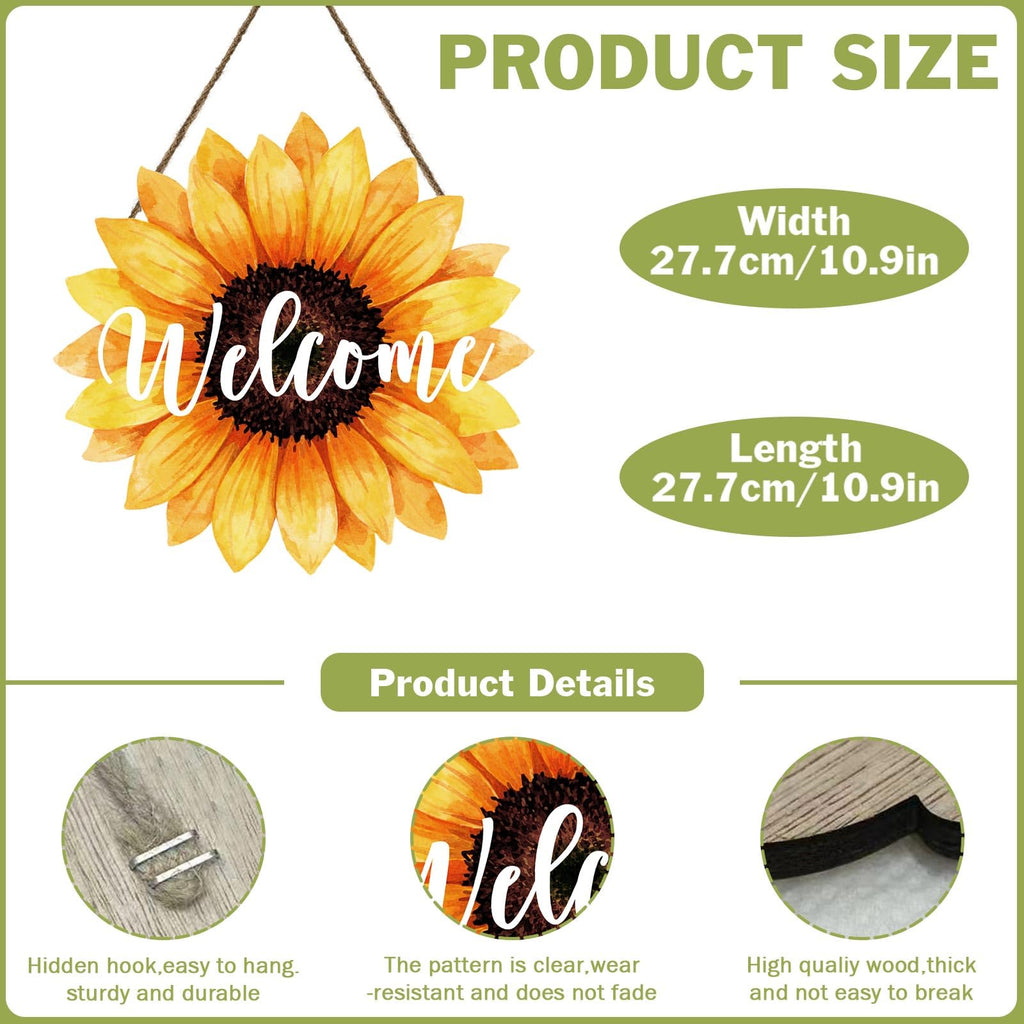 Sunflower Welcome Door Sign for Front Door Spring Summer Sunflower Hanging Wreath 10.9"x10.9" Vintage Gallery Wood