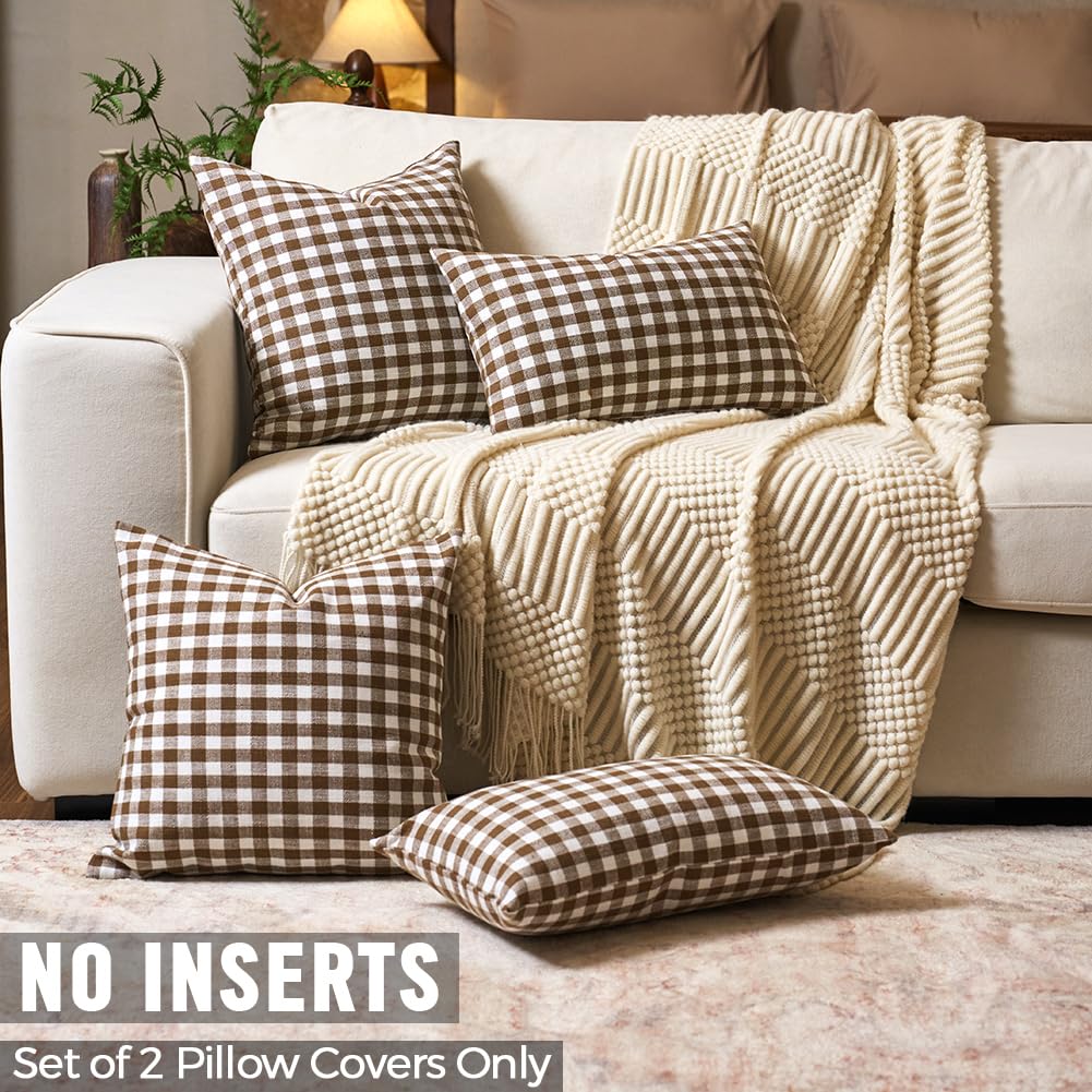 Fall Brown Plaid Gingham Euro Pillow Sham Covers 26x26 Set of 2 for Couch