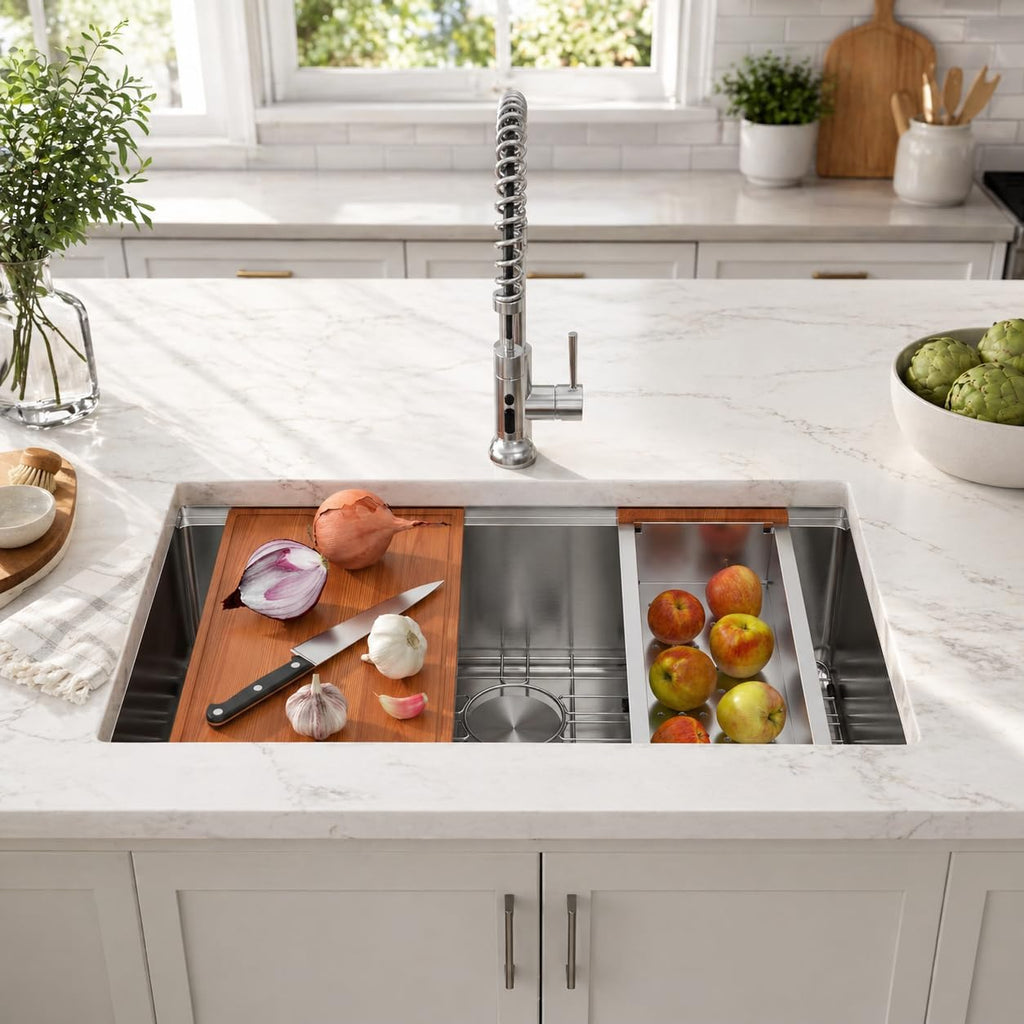33 Inch Undermount Kitchen Sink, Single Bowl Workstation 16 Gauge 304 Stainless Steel Sink, Handmade Under Counter